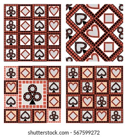 Set of seamless vector patterns with icons of playings cards. Endless backgrounds. Graphic illustration. Series of gaming and gambling seamless vector patterns