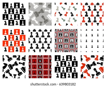 Set of seamless vector patterns with icons of chess. Endless backgrounds. Graphic illustration. Series of gaming and dambling seamless vector patterns.