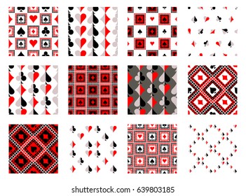 Set of seamless vector patterns with icons of playings cards. Endless backgrounds. Graphic illustration. Series of gaming and gambling seamless vector patterns.