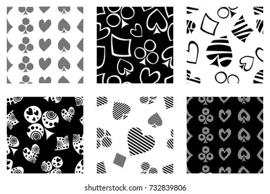 Set of seamless vector patterns with icons of playings cards. background with hand drawn symbols. Black and white Decorative repeat ornament. Series of Gaming and Gambling Seamless vector Patterns.