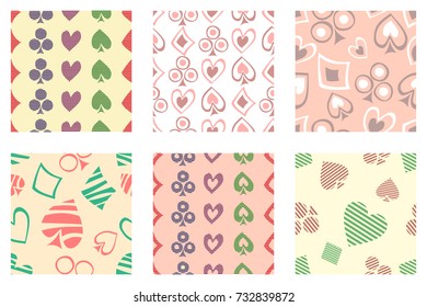 Set of seamless vector patterns with icons of playings cards. background with hand drawn symbols. Decorative repeat ornament. Series of Gaming and Gambling Seamless vector Patterns.