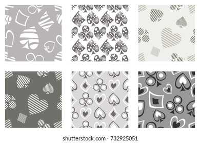 Set of seamless vector patterns with icons of playings cards. background with hand drawn symbols. Decorative repeat ornament. Series of Gaming and Gambling Seamless vector Patterns.