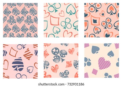 Set of seamless vector patterns with icons of playings cards. background with hand drawn symbols. Decorative repeat ornament. Series of Gaming and Gambling Seamless vector Patterns.