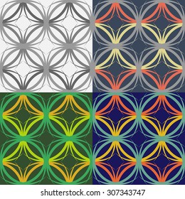 Set of seamless vector patterns of intertwining oval lines on a solid background