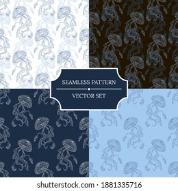 Set of seamless vector patterns with jellyfish. Collection of vector illustrations for designing posters, cards, prints, stickers, wallpaper, fabric, textile, gift paper, scrapbooking 
