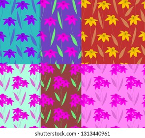 Set of seamless vector patterns with Lily flowers for decoration, design, packaging, fabrics