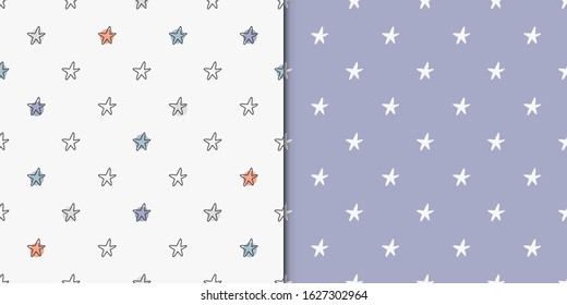 Set of seamless vector patterns with little stars. Creative hand drawn textures for or fabric, wrapping, textile, wallpaper, apparel. Cute illustration in pastel colours.