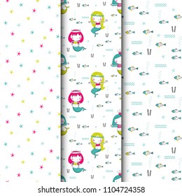 Set of seamless vector patterns with mermaid. Can be used for wallpaper, pattern fills, webpage background, surface textures, gifts, cards.  Marine theme design. Pink, blue, green. Vector illustration