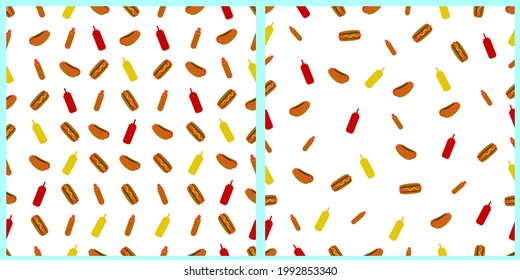 Set of seamless vector patterns. National Hot Dog Day. Hot dog, ketchup and mustard. Can be used for postcards, mugs, brochures, posters, and other promotional marketing materials. White isored backgr