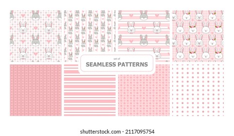 Set of seamless vector patterns. Pack of repeating geometric surface design ornaments. Rabbits and simple shapes. Cute animal character for cards, promotion banners, printing on paper and fabric.
