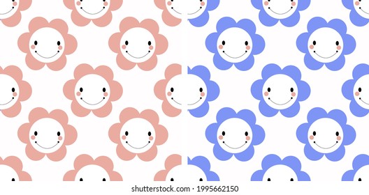 Set of seamless vector patterns pink and blue flowers with faces on white background.  Botanical cute smiley childish pattern.