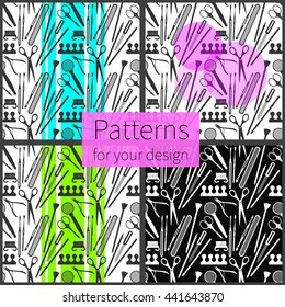 Set of seamless vector patterns with plane manicure and pedicure tools. Four different backgrounds for your design.