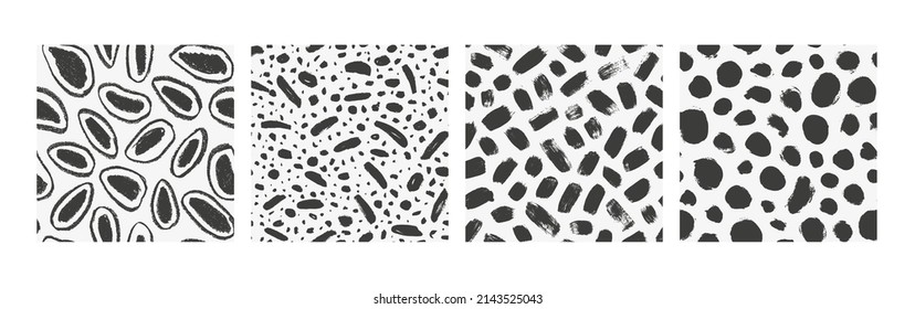 Set of seamless vector patterns with random dots. Hand drawn brush style abstract seamless ornament. Different grunge dots and circles. Black paint organic shapes. Chaotic ink brush scribbles texture.