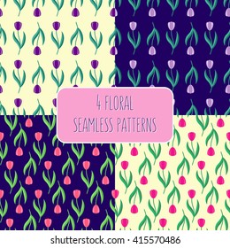 Set of seamless vector patterns with red and purple tulips. Spring or summer background, floral design. Already in swatches.