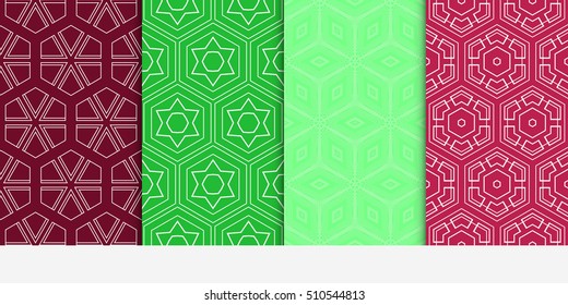 Set of seamless vector patterns. Repeating geometric lines and shapes triangle, hexagon, cube. For design, wallpaper, background fills, card, banner, flyer. red, green color