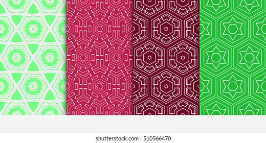 Set of seamless vector patterns. Repeating geometric lines and shapes triangle, hexagon, cube. For design, wallpaper, background fills, card, banner, flyer. red, green color