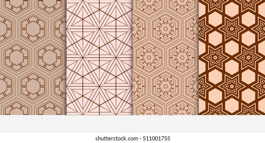Set of seamless vector patterns. Repeating geometric lines and shapes. For design, wallpaper, background fills, card, banner, flyer. brown color