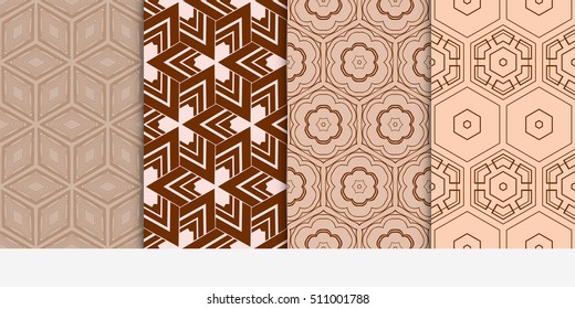 Set of seamless vector patterns. Repeating geometric lines and shapes. For design, wallpaper, background fills, card, banner, flyer. brown color