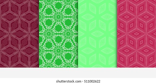 Set of seamless vector patterns. Repeating geometric lines and shapes triangle, hexagon, cube. For design, wallpaper, background fills, card, banner, flyer. red, green color
