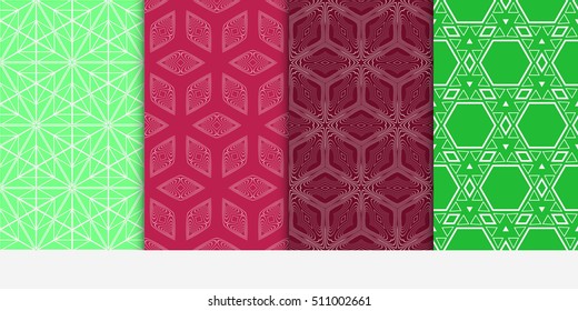 Set of seamless vector patterns. Repeating geometric lines and shapes triangle, hexagon, cube. For design, wallpaper, background fills, card, banner, flyer. red, green color
