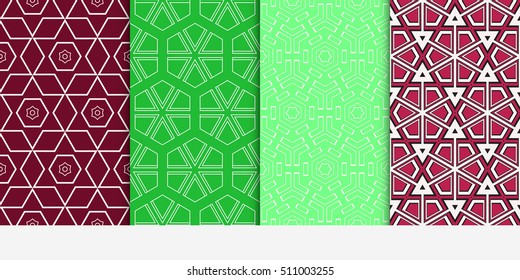 Set of seamless vector patterns. Repeating geometric lines and shapes triangle, hexagon, cube. For design, wallpaper, background fills, card, banner, flyer. red, green color
