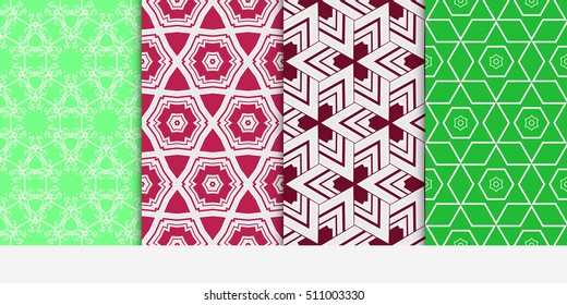 Set of seamless vector patterns. Repeating geometric lines and shapes triangle, hexagon, cube. For design, wallpaper, background fills, card, banner, flyer. red, green color