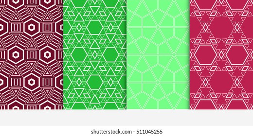 Set of seamless vector patterns. Repeating geometric lines and shapes triangle, hexagon, cube. For design, wallpaper, background fills, card, banner, flyer. red, green color