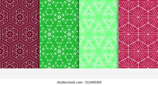Set of seamless vector patterns. Repeating geometric lines and shapes triangle, hexagon, cube. For design, wallpaper, background fills, card, banner, flyer. red, green color