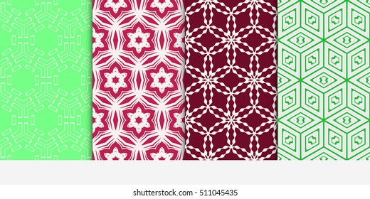 Set of seamless vector patterns. Repeating geometric lines and shapes triangle, hexagon, cube. For design, wallpaper, background fills, card, banner, flyer. red, green color