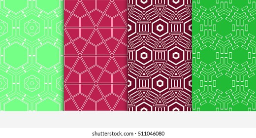 Set of seamless vector patterns. Repeating geometric lines and shapes triangle, hexagon, cube. For design, wallpaper, background fills, card, banner, flyer. red, green color