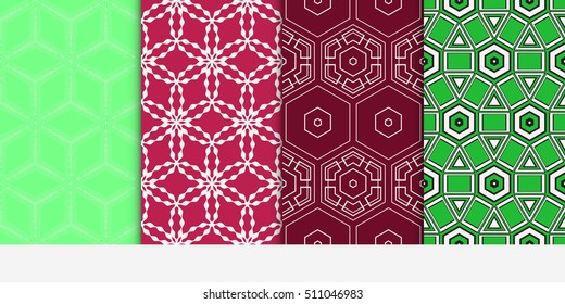 Set of seamless vector patterns. Repeating geometric lines and shapes triangle, hexagon, cube. For design, wallpaper, background fills, card, banner, flyer. red, green color