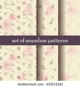 Set of seamless vector patterns. Scribbles, hand-drawn watches and pencils on pale background with watercolor pink spots.