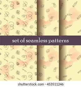 Set of seamless vector patterns. Scribbles, hand-drawn watches and pencils on yellow background with watercolor pink spots.