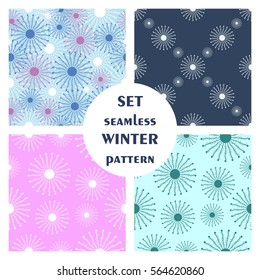 Set of seamless vector patterns. Seasonal winter different background with snowflakes. Graphic illustration. Series of sets of vector seamless patterns