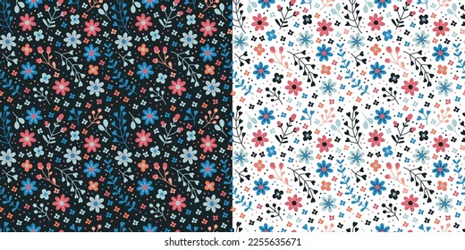 A set of seamless vector patterns with small cute flowers and twigs on a white and dark background in a rustic style. Retro style ornament with abstract colors for textiles