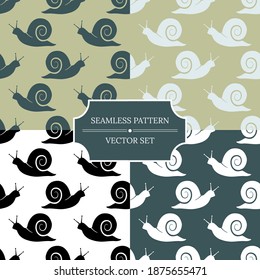 Set of seamless vector patterns with snail. Collection of vector illustrations for designing posters, cards, prints, stickers, wallpaper, fabric, textile, gift paper, scrapbooking 