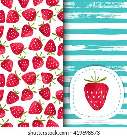 Set of seamless vector patterns with strawberry. Creative Hand Drawn textures for birthday, anniversary, party invitations, scrapbook, print on T-shirts and bags. Vector illustration. Blue and red.