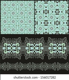 Set of seamless vector patterns with stylized rosettes, border ornament,  pale turquoise palette