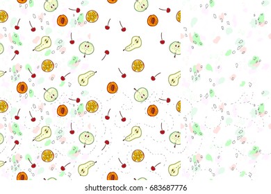 A set of seamless vector patterns with summer frits drawn casually by the hand of a black contour with various colored pastel dots and dashes on a white background.