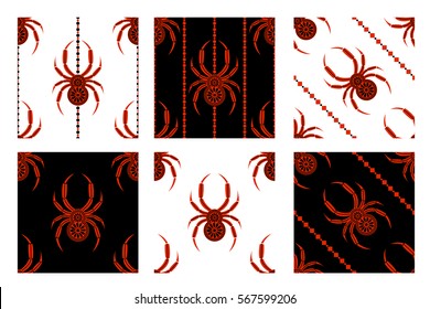Set of seamless vector patterns, symmetrical geometric backgrounds with spiders. Decorative repeating ornament. Graphic illustration. Series - sets of seamless vector patterns