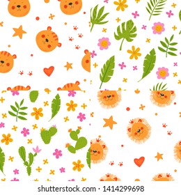 Set of seamless vector patterns. Tiger and lion smile. Cute african funny smiling animals. Hand drawn kids illustration. Floral background for fabric prints. Pencil texture. Childish drawing. Orange.