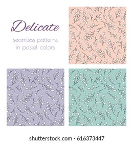 Set of seamless vector patterns with tree branches. Elegant natural ornaments in pastel hues. Already in swatches.