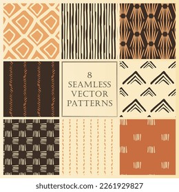 Set of seamless vector patterns with tribal theme and warm color palette.