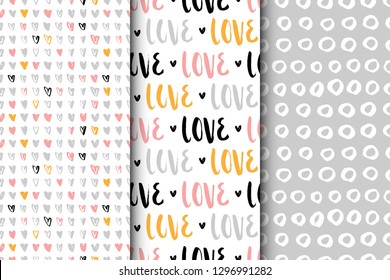 Set of seamless vector patterns for Valentine's day. Creative Hand Drawn textures for wedding, anniversary, birthday, Valentine's day, party invitations. Vector illustration. Black, pink and yellow.