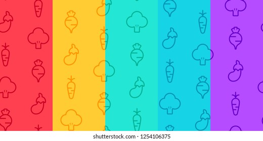 set of seamless vector patterns with vegetables, carrots, broccoli, eggplant and turnip