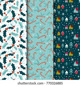 Set of seamless vector patterns for winter holidays. Can be used for wallpaper, pattern fills, web page background, surface textures, gifts.  Xmas design. Green, pink and yellow.
