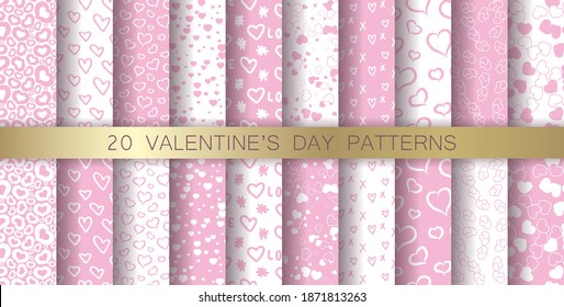 Set of seamless vector pink patterns. Valentine's day backgrounds. For wrapping, cover, fabric, textile etc. Collection of 20 stylish hearts patterns. 