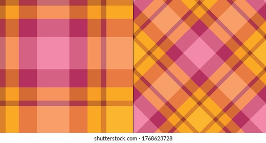 Conjunto de patrones de manchas rosadas y amarillas sin costuras vectoriales. Antecedentes de Tartán. Patrón clásico. 