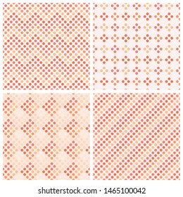 Set of seamless vector polka dot patterns in delicate peach color. Ornaments for printing on paper, fabrics, wallpaper, packaging, greeting cards and other surfaces. Texture for background design.