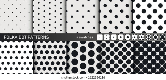 Set of seamless vector polka dots patterns. Classic dots backgrounds for fabric, textile, wrapping, cover etc. 10 eps design. Includes 10 swatches of the patterns.